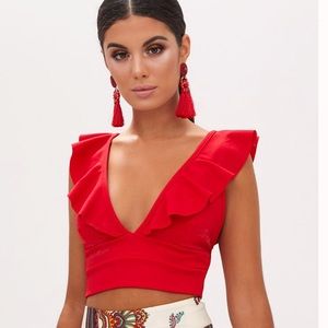 Red Frill Edge Plunge Crop Top